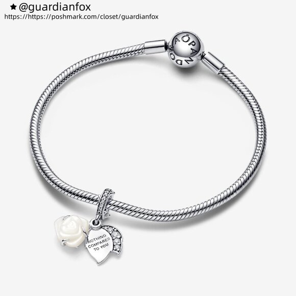 Pandora White Rose in Bloom Double Dangle Charm - Picture 2 of 7